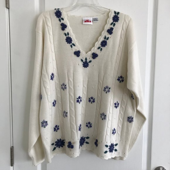 Alia White Cable Knit Pullover Sweater with Blue Floral Embroidery & Beading - Picture 5 of 7